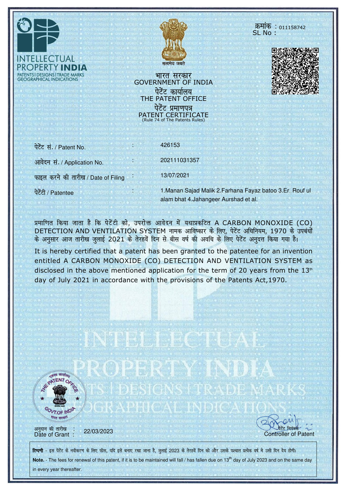 Indian Patent Office grant certificate — Patent No. 426153, Carbon Monoxide Detection and Ventilation System