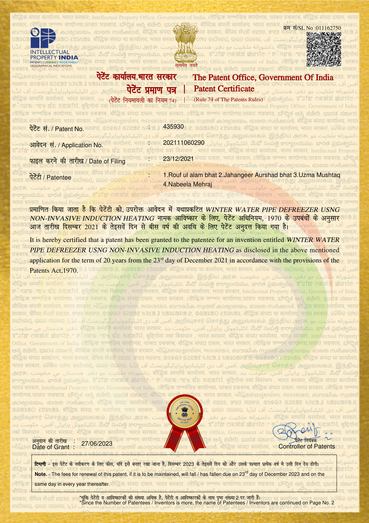 Indian Patent Office grant certificate — Patent No. 435930, Winter Water Pipe Defreezer using Non-Invasive Induction Heating